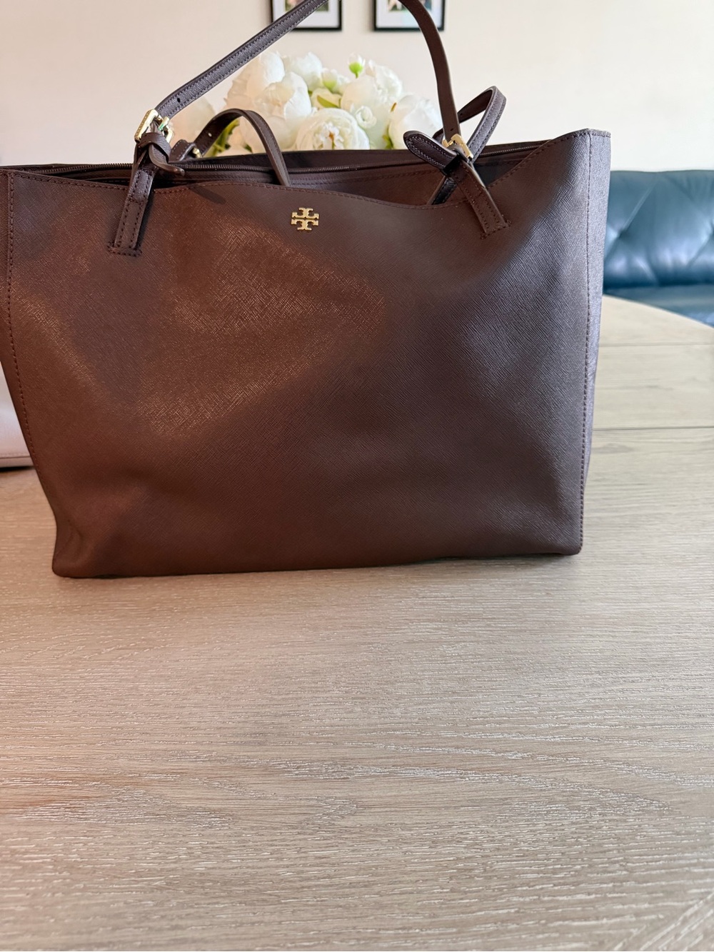 Tory Burch Dark Brown Leather Tote with Gold Logo